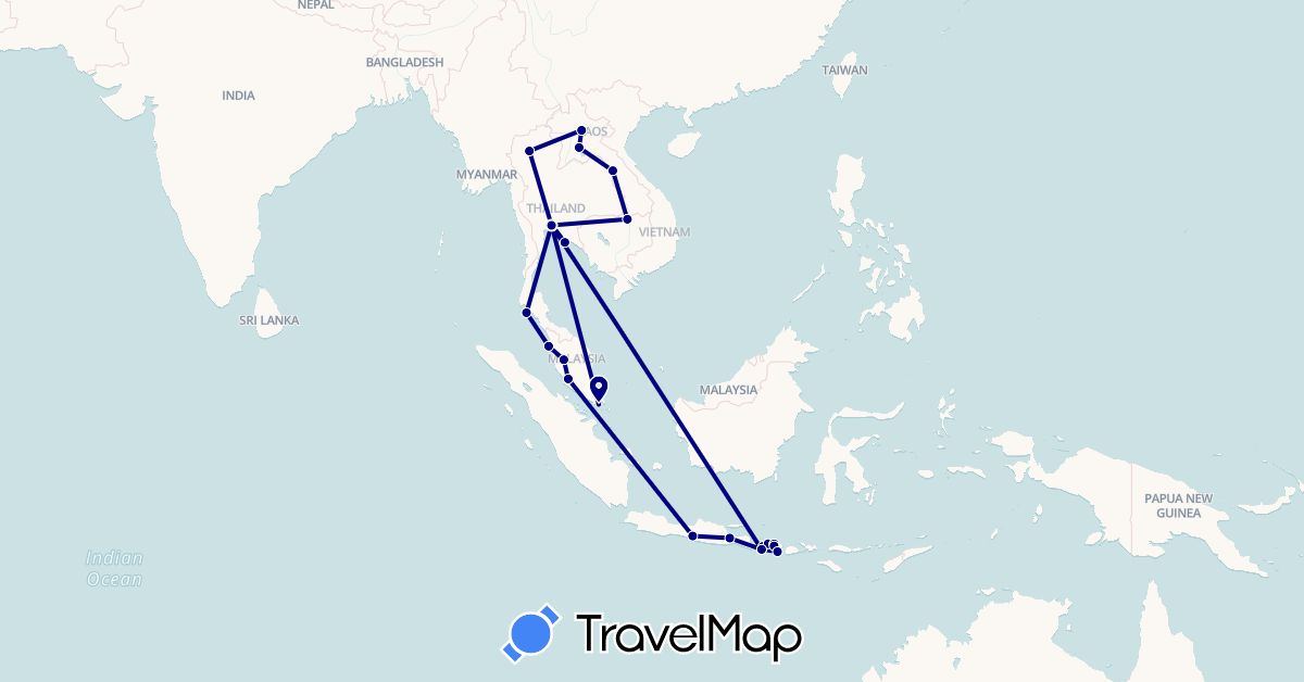 TravelMap itinerary: driving in Indonesia, Laos, Malaysia, Singapore, Thailand (Asia)
